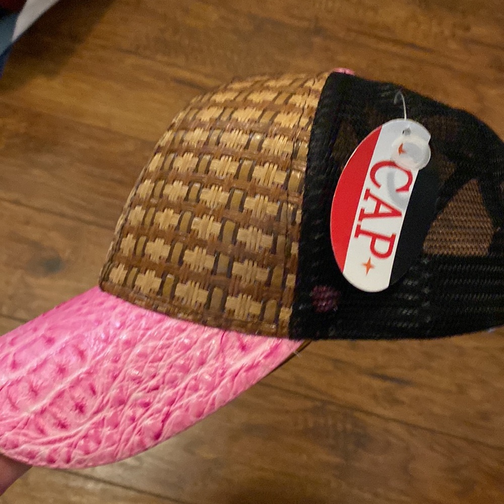 Trucker style ball cap. Rattan and pink animal print. Mesh back. - Picture 8 of 8